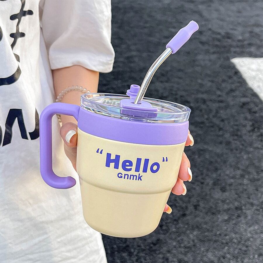 1pc Reusable Mark Mug With Lid And Straw, Portable - Purple - View 1