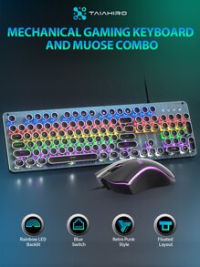 Taiahiro 機械遊戲鍵盤和鼠標二合一,打字機風格機械遊戲鍵盤,黑色復古朋克遊戲鍵盤帶RGB背光,104鑰匙藍色的開關有線可愛鍵盤,圓形鑰匙適用於 - 黑色 - 查看 1