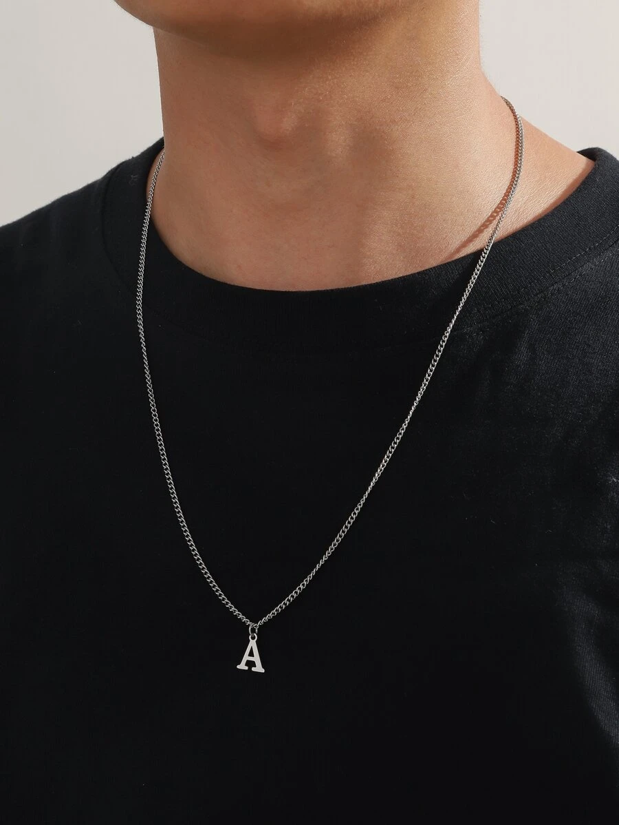 1入英文字母個性化吊墜項鍊,男士日常佩戴 - 銀色 - 查看 1