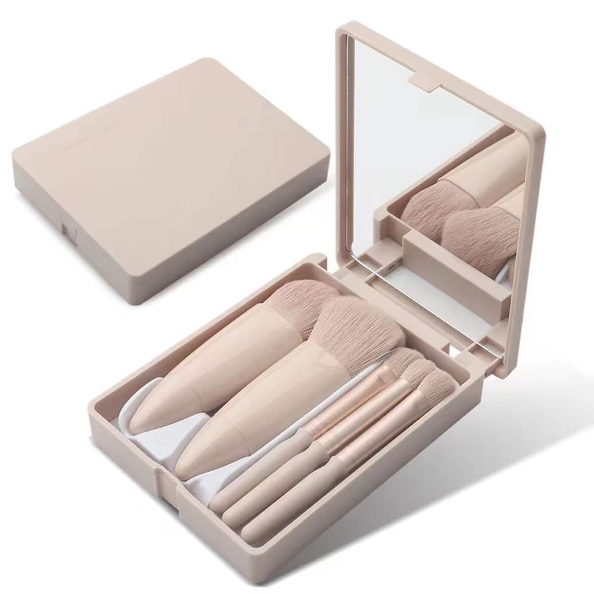 便携式旅行化妆刷套装，5支装柔软眼影刷和散粉刷，不掉毛纤维毛化妆刷，化妆刷套装，化妆刷组合，化妆刷套装，全套化妆刷，化妆刷套装，全套化妆工具，化妆刷套装，化妆刷套装，化妆礼盒套装 - 杏色 - 查看 1