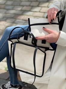 2入組聚酯手提袋雙手柄撞色裝訂帶小袋書包套裝適合畢業生、青少年女孩、新生、大二、初中和高中學生、大學和高中，非常適合戶外、旅行和返校 - 白色 - 查看 1