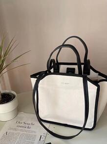 2入組聚酯手提袋雙手柄撞色裝訂帶小袋書包套裝適合畢業生、青少年女孩、新生、大二、初中和高中學生、大學和高中，非常適合戶外、旅行和返校 - 白色 - 查看 8