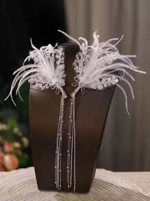 2 件裝新娘羽毛、水晶和流蘇裝飾復古髮夾適合婚紗、服裝