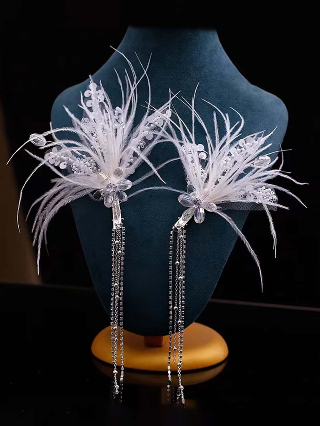 2 件裝新娘羽毛、水晶和流蘇裝飾復古髮夾適合婚紗、服裝