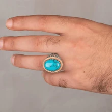 1pc Vintage Handmade Big Turquoise Stone Ring for Men Punk Stone Rings Jewelry Gift - Blue - View 5