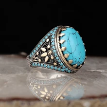 1pc Vintage Handmade Big Turquoise Stone Ring for Men Punk Stone Rings Jewelry Gift - Blue - View 4