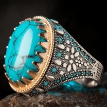1pc Vintage Handmade Big Turquoise Stone Ring for Men Punk Stone Rings Jewelry Gift - Blue - View 1