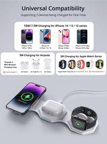 Bonola 可折疊三合一無線充電器，15w 磁性無線充電，相容於 Iphone 14/12/13/11/xs/xr/x/8、Apple Watch 8/se/ultra 和 Airpods Pro - 白色 - 查看 3