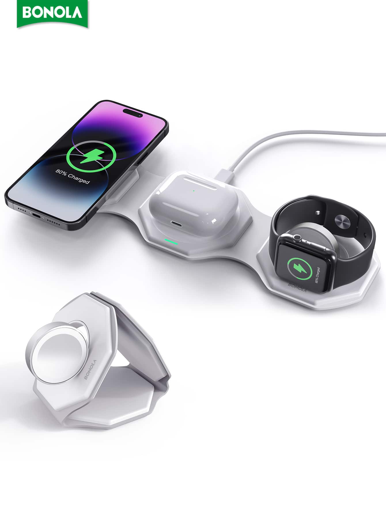 Bonola 可折疊三合一無線充電器，15w 磁性無線充電，相容於 Iphone 14/12/13/11/xs/xr/x/8、Apple Watch 8/se/ultra 和 Airpods Pro
