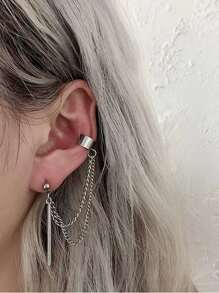 1只幾何設計時尚、極簡和個性化夾式耳環 - 銀色 - 查看 1