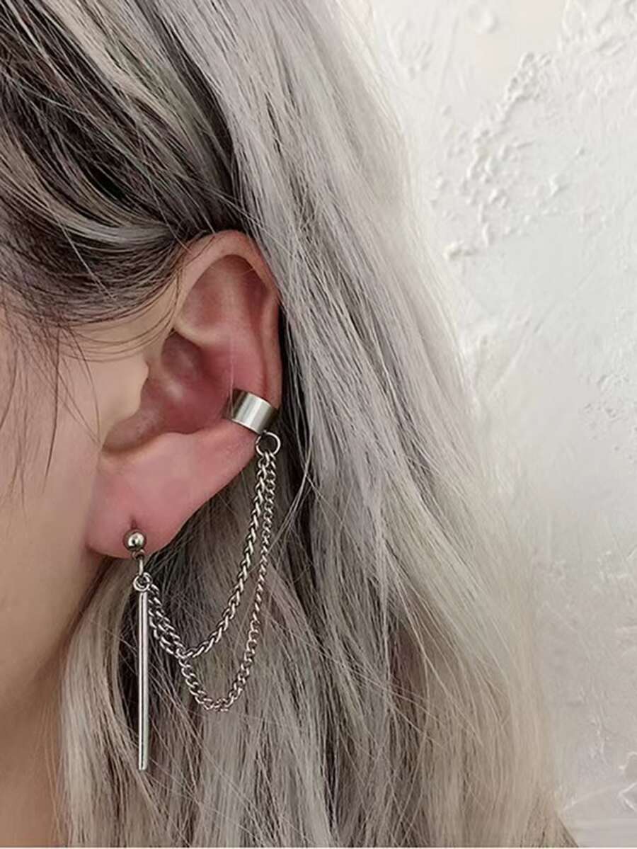 1只幾何設計時尚、極簡和個性化夾式耳環 - 銀色 - 查看 1