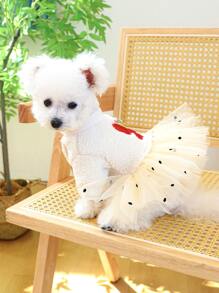 1pc Pet Clothes For Dog & Cat, Autumn & Winter, Warm & Comfortable, With D-ring & Sparkly Bowknot Mesh Skirt - Multicolor - View 1