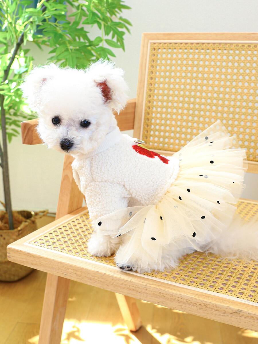 1pc Pet Clothes For Dog & Cat, Autumn & Winter, Warm & Comfortable, With D-ring & Sparkly Bowknot Mesh Skirt - Multicolor - View 1