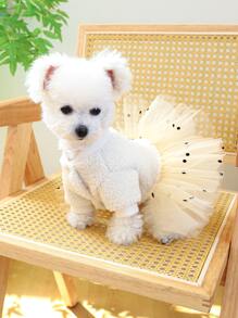 1pc Pet Clothes For Dog & Cat, Autumn & Winter, Warm & Comfortable, With D-ring & Sparkly Bowknot Mesh Skirt - Multicolor - View 3
