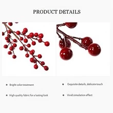 3入組 4 爪紅色漿果和圓形球形水果帶葉子裝飾秋收節活潑紅色幸運樹枝家居裝飾 - 紅色 - 查看 5