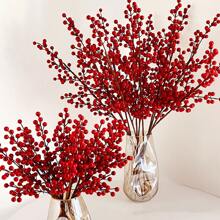 3入組 4 爪紅色漿果和圓形球形水果帶葉子裝飾秋收節活潑紅色幸運樹枝家居裝飾 - 紅色 - 查看 1