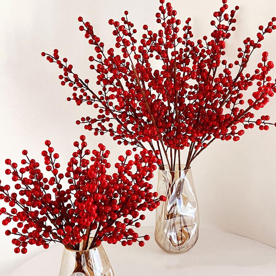 3入組 4 爪紅色漿果和圓形球形水果帶葉子裝飾秋收節活潑紅色幸運樹枝家居裝飾 - 紅色 - 查看 1