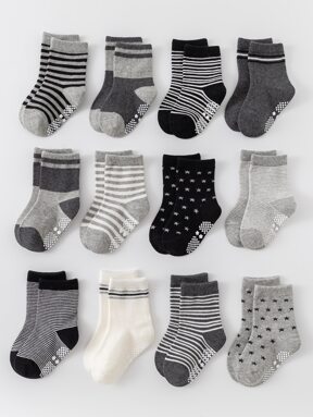 12pairs/set Unisex Baby & Toddler Anti-slip Socks With Classic Striped & Starry Patterns