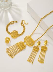 4pcs Luxury Tassel Plated Gold Necklace Bracelet Ring Earrings Women's Jewelry Set Suitable for Women's Wedding Accessories