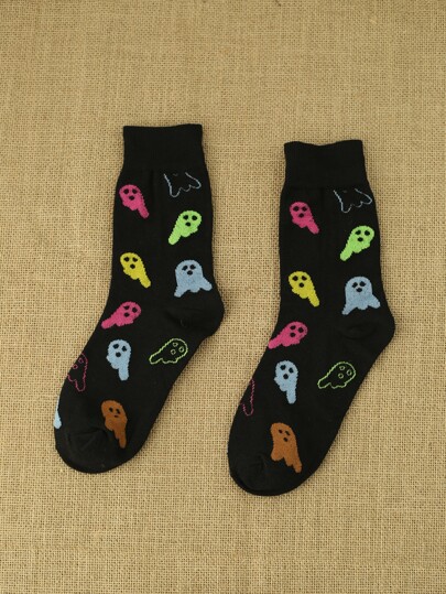 1双男士个性化幽灵图案中筒袜，万圣节