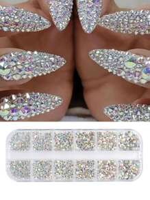 12 Griglie Decorazione per unghie in strass di lusso, pietre di vetro colorate e bianche di dimensioni miste, ciondoli per unghie fai-da-te, accessori per manicure e forniture per unghie