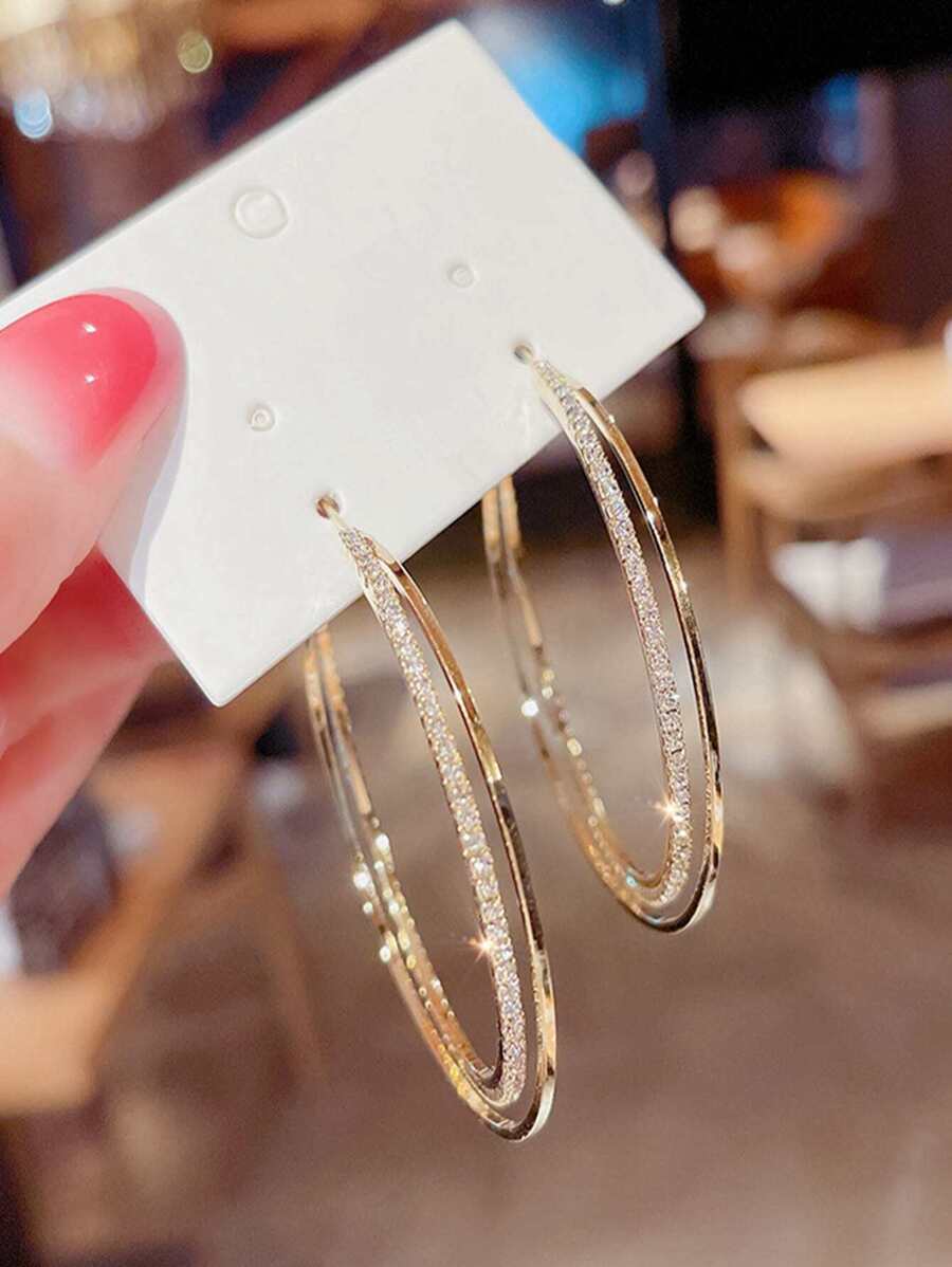 Sparkling Large Hoop Earrings With Rhinestones - Yellow Gold - View 1