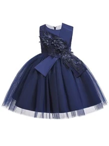 女童纯色薄纱缎面优雅连衣裙，适合旅行、度假、外出（不含发带）