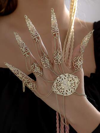 1只女士哥德式馬勒戈薩手鐲，厚實鏈條，個性鑲錐形流蘇指環手鐲，誇張的肚皮舞表演手飾波西米亞風格