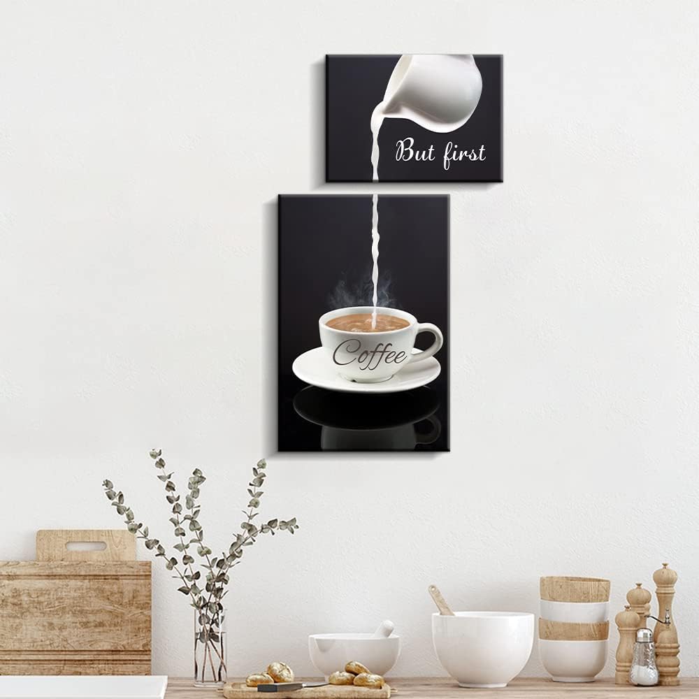 Coffee Bar Wall Decor for Kitchen - But First Coffee Sign - Kitchen Canvas Wall Art for Modern Home Dining Room Decorative (but first coffee) - Black - View 1