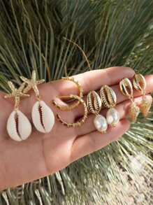 8 Pcs/Set Bohemian Shell, Asymmetrical Pearl, Seashell, Starfish Stud Earrings And Drop Earrings For Women, Beach Vacation - Multicolor - View 2