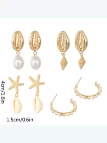 8 Pcs/Set Bohemian Shell, Asymmetrical Pearl, Seashell, Starfish Stud Earrings And Drop Earrings For Women, Beach Vacation - Multicolor - View 4