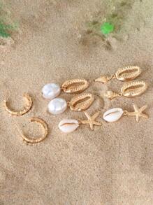 8 Pcs/Set Bohemian Shell, Asymmetrical Pearl, Seashell, Starfish Stud Earrings And Drop Earrings For Women, Beach Vacation - Multicolor - View 3