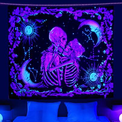 1pc Blue Uv Light Printed Tapestry With Sun, Moon And Skull Kissing Design, Flag For Room, Room Decor, Tapestry, Wall Decor, Wall Art ,Home Decor ,Room Stuffs, Flags For Room, Tapestry, Wall Tapestry