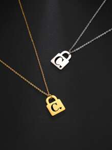 1入女士不鏽鋼26字母錠&迷你心形吊墜項鍊,時尚情侶禮物珠寶飾品 - 銀色 - 查看 3