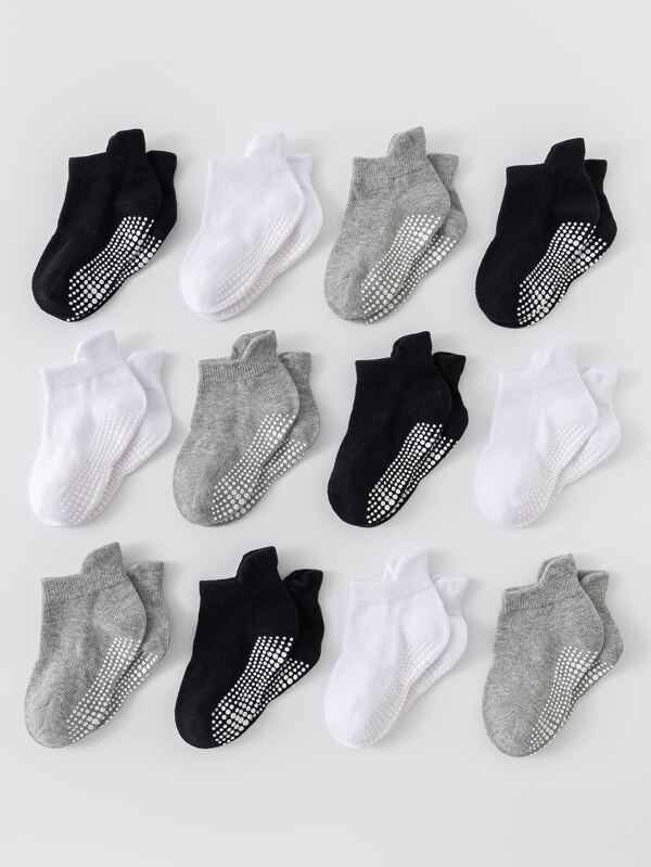 12pairs Kids' Basic Anti-slip Sports Socks, Trampoline Socks, Floor Socks, Ear Tube Socks In Black, White And Grey
