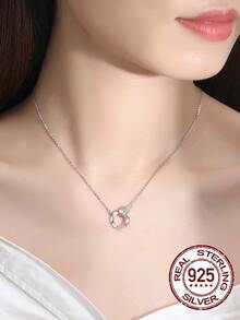 1pc Women's Solid 925 Sterling Silver Cubic Zirconia Pave Round Chain Necklace, Chic Jewelry Accessory - Silver - View 2