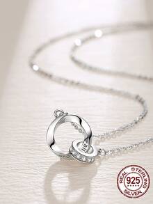 1pc Women's Solid 925 Sterling Silver Cubic Zirconia Pave Round Chain Necklace, Chic Jewelry Accessory - Silver - View 3