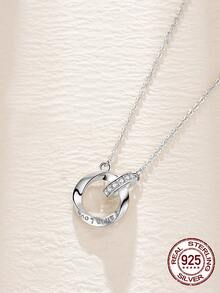 1pc Women's Solid 925 Sterling Silver Cubic Zirconia Pave Round Chain Necklace, Chic Jewelry Accessory - Silver - View 4