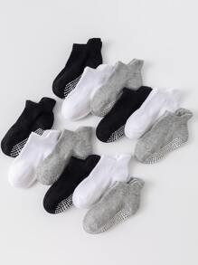 12pairs Kids' Basic Anti-slip Sports Socks, Trampoline Socks, Floor Socks, Ear Tube Socks In Black, White And Grey