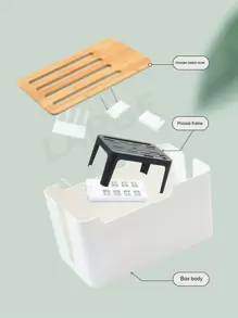 1pc White Plastic Storage Box With Bamboo Cover For Router, Power Strip, Plug, Wire, Charger, Desktop - White - View 2