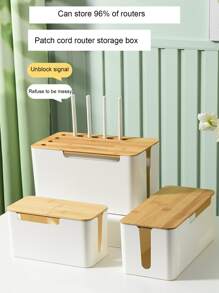 1pc White Plastic Storage Box With Bamboo Cover For Router, Power Strip, Plug, Wire, Charger, Desktop - White - View 1
