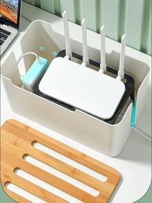 1pc White Plastic Storage Box With Bamboo Cover For Router, Power Strip, Plug, Wire, Charger, Desktop - White - View 6