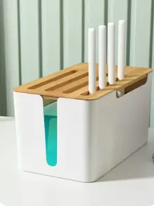 1pc White Plastic Storage Box With Bamboo Cover For Router, Power Strip, Plug, Wire, Charger, Desktop - White - View 8