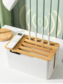 1pc White Plastic Storage Box With Bamboo Cover For Router, Power Strip, Plug, Wire, Charger, Desktop - White - View 10