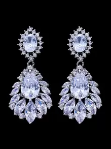 1pair Bride's European & American Style Elegant And Classic Waterdrop Cubic Zirconia Earrings, Luxurious And Exquisite Ear Studs For Bridal Dress Royal Halloween - Silver - View 1