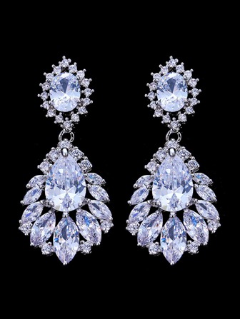 1pair Bride's European & American Style Elegant And Classic Waterdrop Cubic Zirconia Earrings, Luxurious And Exquisite Ear Studs For Bridal Dress Royal Halloween