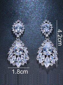1pair Bride's European & American Style Elegant And Classic Waterdrop Cubic Zirconia Earrings, Luxurious And Exquisite Ear Studs For Bridal Dress Royal Halloween - Silver - View 4