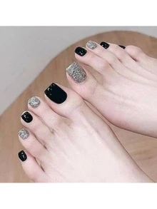 24 piezas francés falso Uñas de pies brillante cobertura total corto de punta cuadrada Uñas pie Uñas punta para mujeres Chicas - Negro - Ver 1