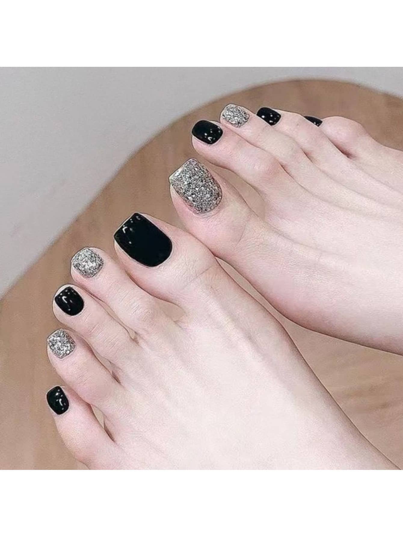 24 piezas francés falso Uñas de pies brillante cobertura total corto de punta cuadrada Uñas pie Uñas punta para mujeres Chicas - Negro - Ver 1