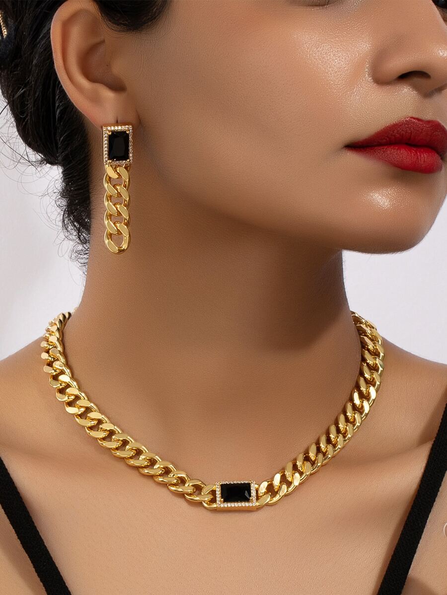 1 bộ Đúng mốt & Thanh lịch Dày Chuỗi Được nhúng 2023 Phong cách mới Của phụ nữ Hoa tai & Vòng cổ Bộ trang sức - Vàng - Xem 1